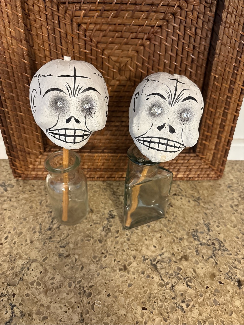 White Paper Mache Hand-Painted Skull Shakers/Rattles – Set of 2 Halloween